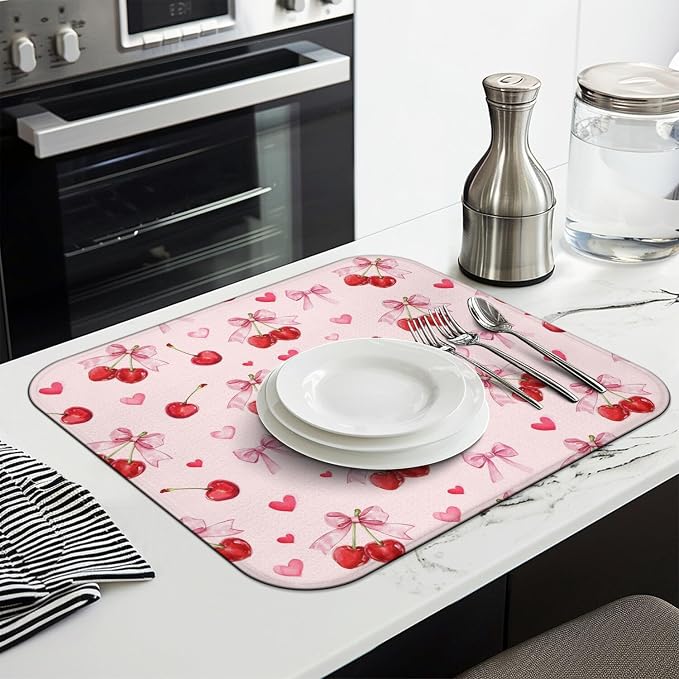 Cherry Dish Drying Mat for Kitchen Counter, Washable Absorbent Kitchen - Image 3