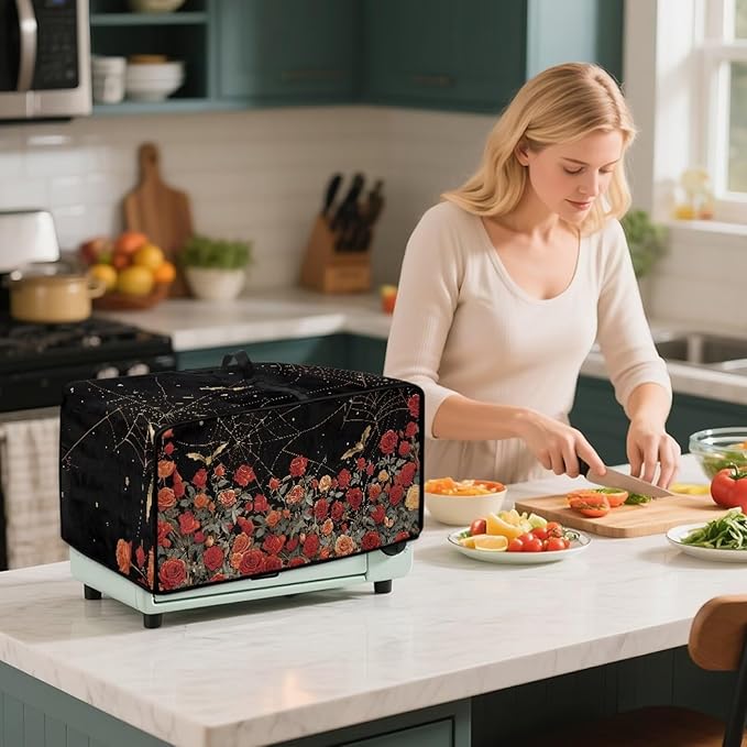 Red Rose Bat Cobweb Print Microwave Oven Dust Cover Polyester-Linen Fabric Dust Cover for Microwave Oven Universal Dust-Proof Kitchen Appliance Protector Fits Most Microwaves, L