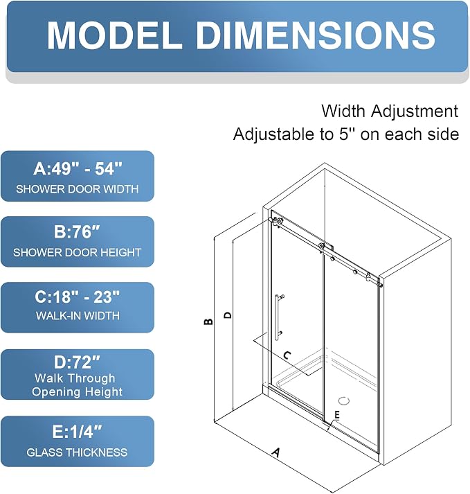 KPUY Frameless Shower Door, 49-54" W x 76" H Sliding Glass Shower Door - Image 5