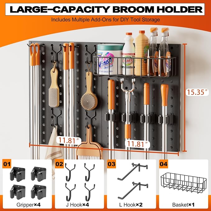 Broom Holder Wall Mount, Peg Board Wall Organizer - Image 2