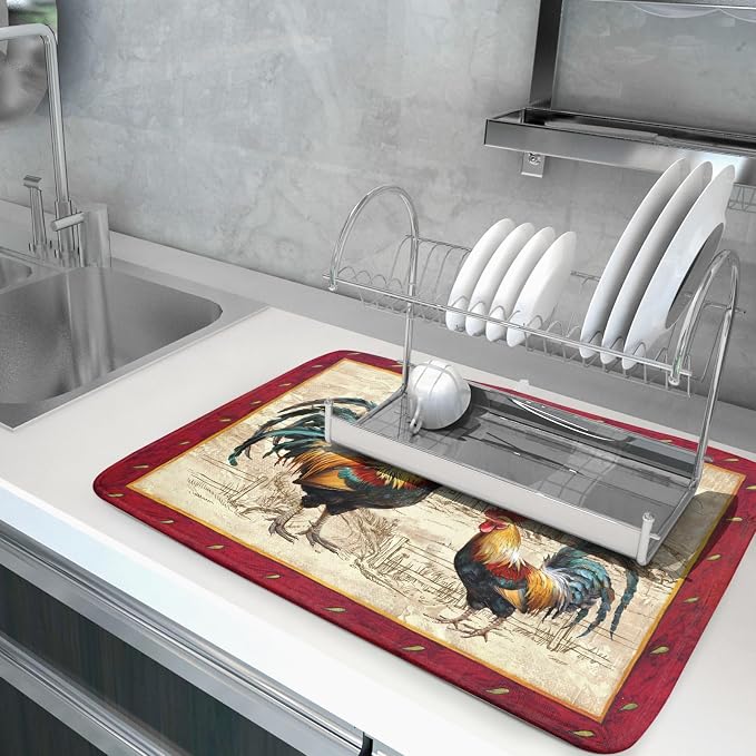 Farm Rooster Dish Drying Mat for Countertop 18x24 Inches Red Rustic Chicken - Image 5