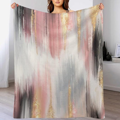 Fashion Gradient Blanket, Modern Art Baroque Gold Grey Pink Painting Strokes Pattern Soft Warm Cozy Plush Flannel Covers for Livingroom Bedroom Couch Chair Camping Travel Home Decor Tapestry 50x60in