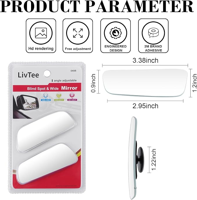 LivTee Blind Spot Mirror, Rectangular Shaped HD Glass Frameless Convex Rear - Image 3