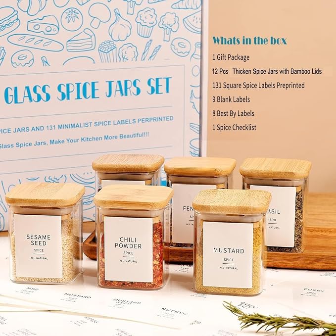 12 Pcs Square Glass Spice Jars - 5oz Airtight Herb Containers with 148 - Image 2