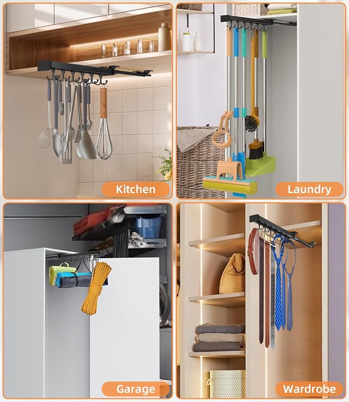 Pull Out Broom Holder With Adjustable Double Row Sliding Hook, - Image 6