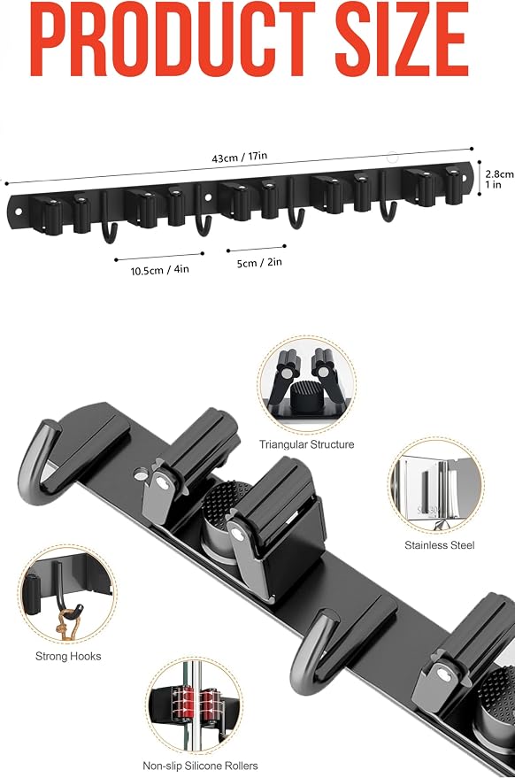 Mop and Broom Holder Wall Mount, Upgraded Broom Hanger Wall Mount, Stainless - Image 4