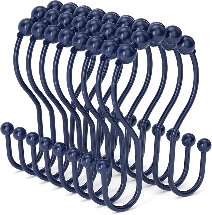 Shower Curtain Hooks, Shower Curtain Rings Rust Proof Navy Blue Double Hook - Image 7