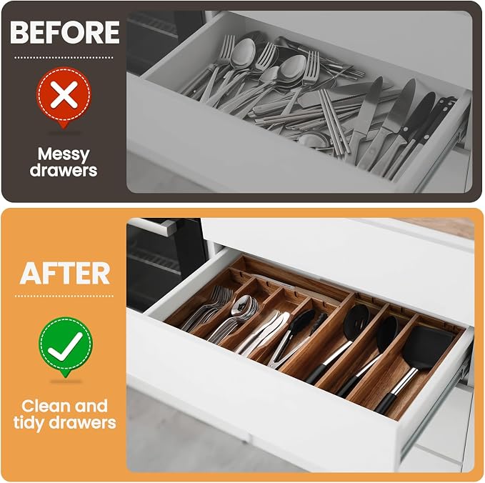 Acacia Wood Silverware Drawer Organizer, 21 Inch Adjustable Cutlery Tray - Image 6