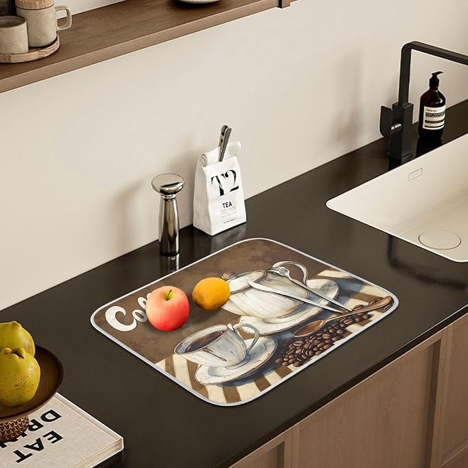 Coffee Themed Dish Drying Mat for Kitchen Counter Absorbent Microfiber Large - Image 6