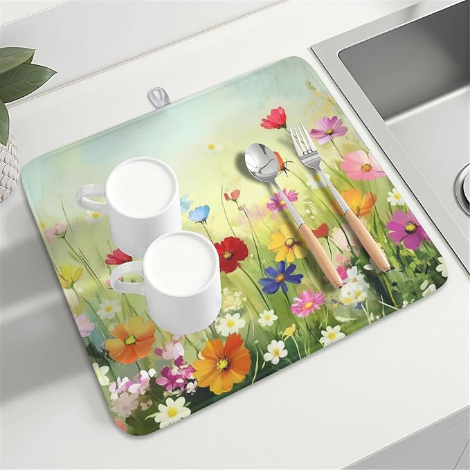 Spring Summer Daisy Dish Drying Mat 16 x 18 Inch Colourful Floral Pattern Dish - Image 8