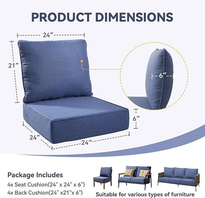 Outdoor Cushion Set for Furniture Patio Furniture, UV Resistant, Water Resistant - 6 Inch Thick Foam Garden Cushions– 24x24 Inch Patio Seat Covers for Chair/Sofa/Couch | Blue | 4-Pack |