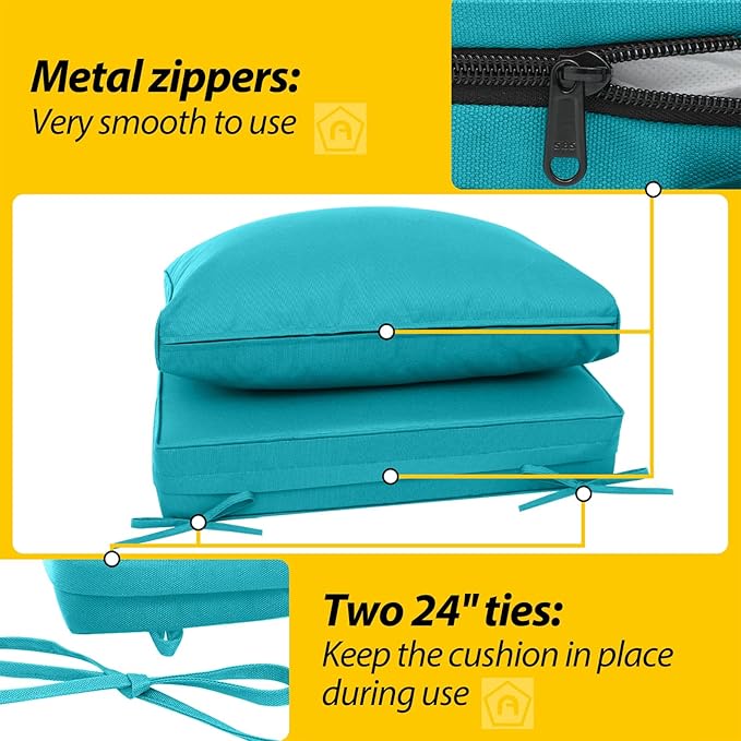 AAAAAcessories Outdoor Deep Seat Cushions, Waterproof, Fade-Resistant Patio Furniture Replacement Cushions, 25.5" x 25.5" x 5" + 25.5" x 13.5", Turquoise Blue