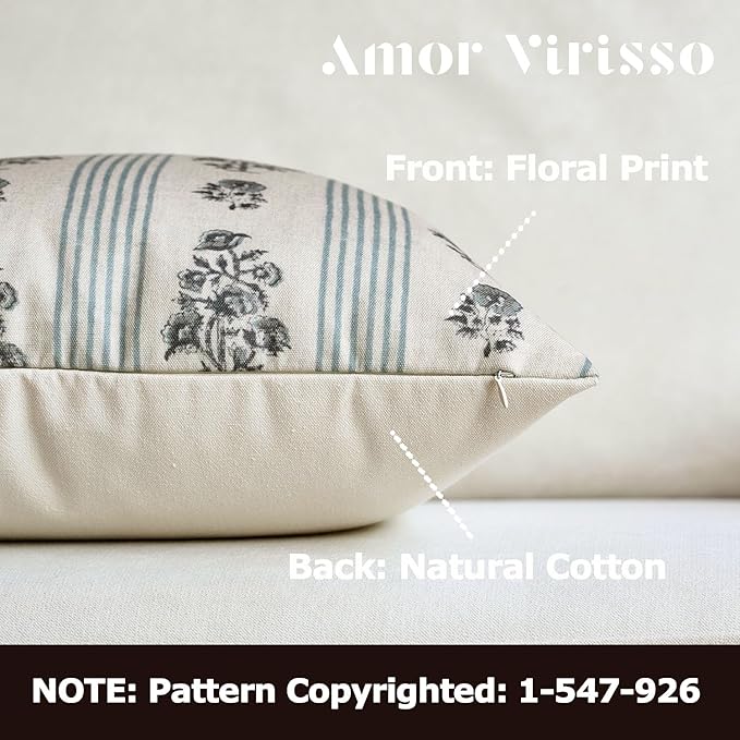 Amor Virisso Floral Throw Pillow Covers 24x24 Set of 2 Block Print Pillow Covers Neutral Floral Striped Farmhouse Decorative Pillow Covers for Sofa Couch Bed, Light Blue