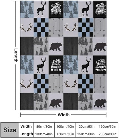 Bear Cabin Plaid Blanket, Rustic Retro Bear Deer Patchwork Gray Blue Farmhouse Throw Blanket for Couch Bed Living Room, 50"x60"