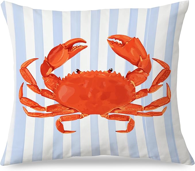 Coastal Red Crab Pillow Covers 18x18, Blue and White Striped Coastal Nautical Crab Throw Pillow Covers for Bedroom Beach House Home, Preppy Beach Room Decor