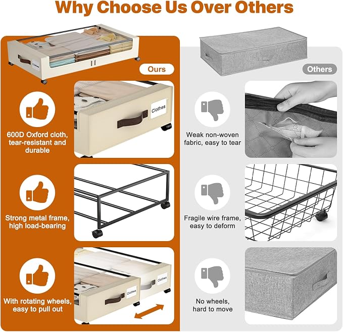 Under Bed Storage with Wheels, 4 Pack Under Bed Storage Containers with Clear - Image 7