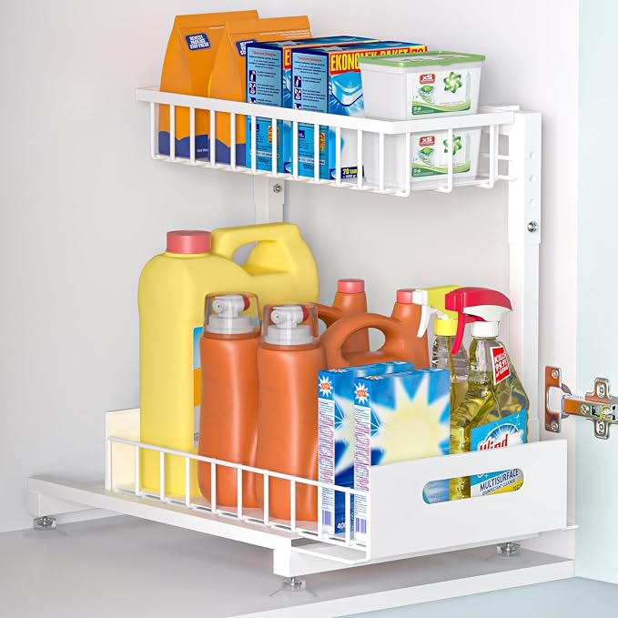 L-Shaped Under Sink Organizer, 2-Tier Pull Out Metal Kitchen Cabinet Organizer by Saydear