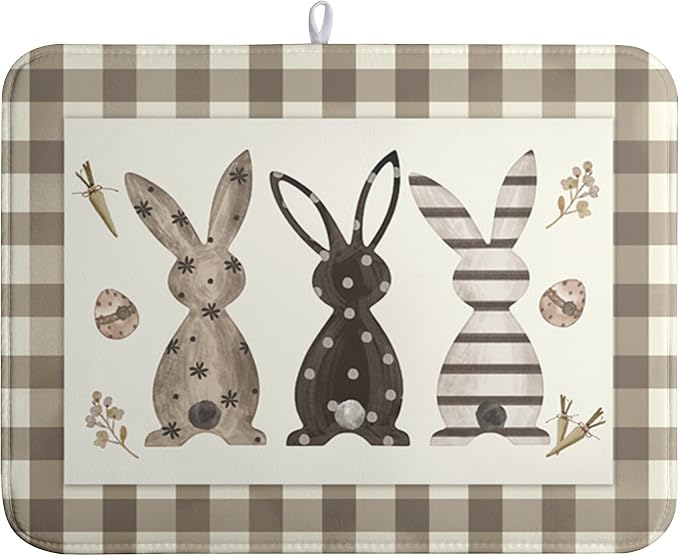 Easter Dish Drying Mat for Counter Bufflao Plaids Bunny Dish Mat Cute Rabbits by Wnoesat