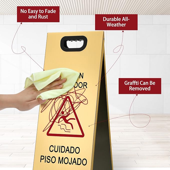 2 Pcs 24 Inch Stainless Steel Wet Floor Sign, Heavy Duty Caution Wet Floor Sign - Image 3