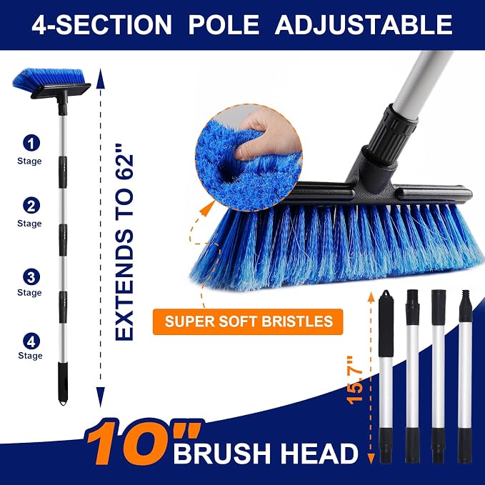 62" Car Wash Brush Mop with Long Handle, House Siding, Extension Aluminum Alloy - Image 2