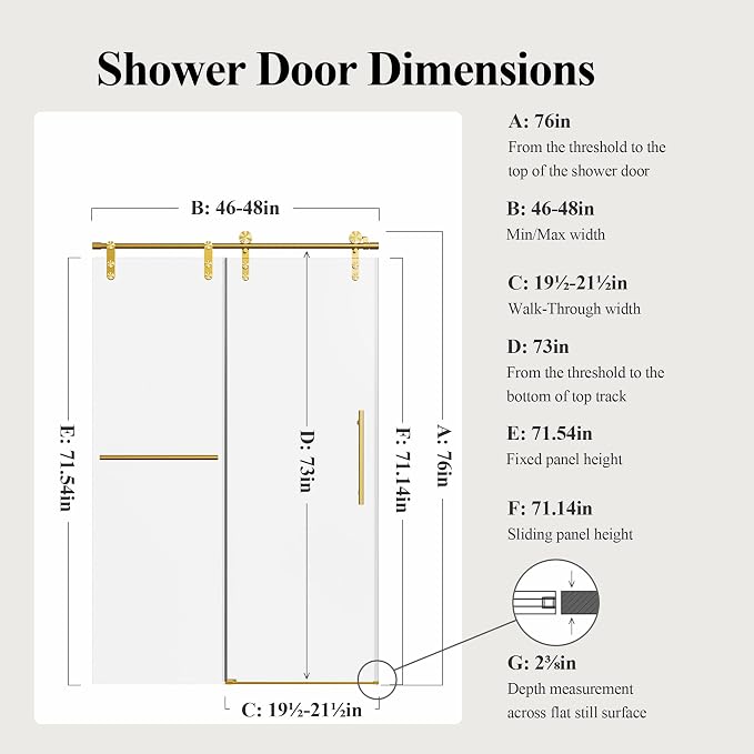 46-48" W x 76" H Frameless Sliding Shower Door, Safety Bathroom Single Sliding - Image 2