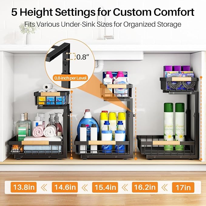 PXRACK Under Sink Organizer, Adjustable Height, 2 Tier Pull Out Under Cabinet - Image 4