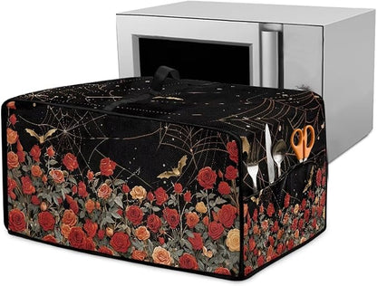 Red Rose Bat Cobweb Print Microwave Oven Dust Cover Polyester-Linen Fabric Dust Cover for Microwave Oven Universal Dust-Proof Kitchen Appliance Protector Fits Most Microwaves, L