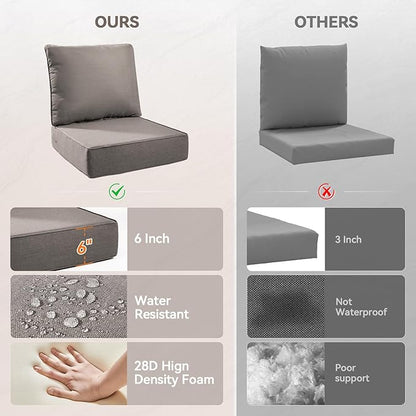 Luxury 6" Outdoor Cushions for Patio Furniture, 24x24x6" Thick Seat Cushion Set of 6, Fade Resistant Couch Chair Replacement Cushions High Density Deep Wicker Chair Cushion w/ Removable Cover Gray