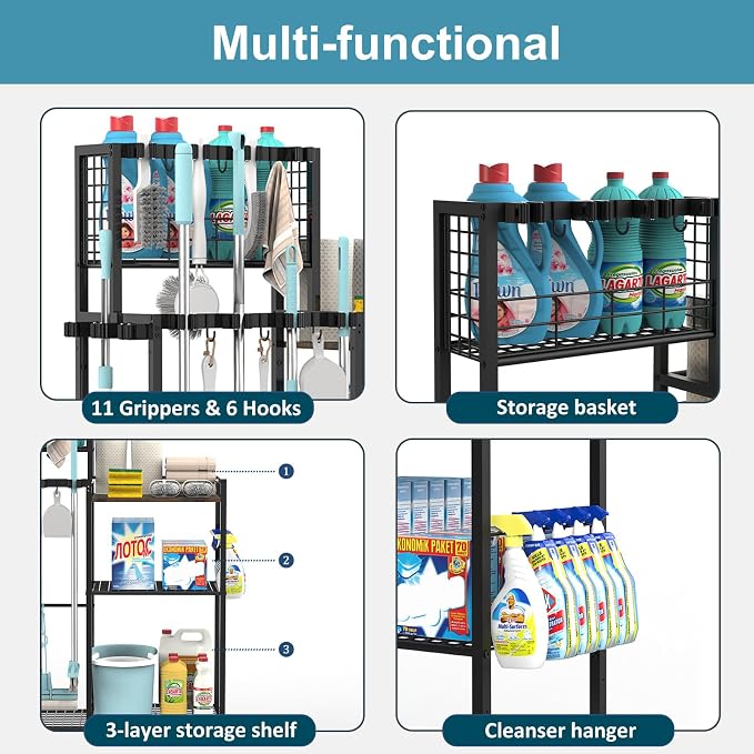 Broom Holder with Cleaning Supplies Organizer, Cleaning Cart with Broom Hanger - Image 5
