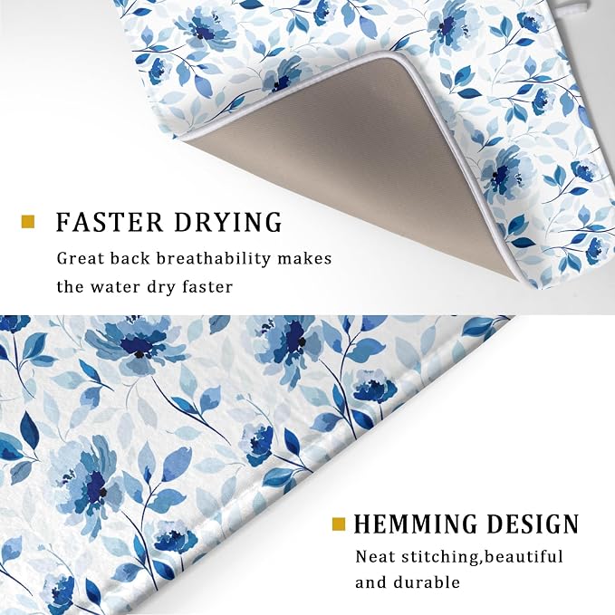 Blue Floral Dish Drying Mat 18x24 inch Flower Leaves Dish Rack Pad Microfiber - Image 3