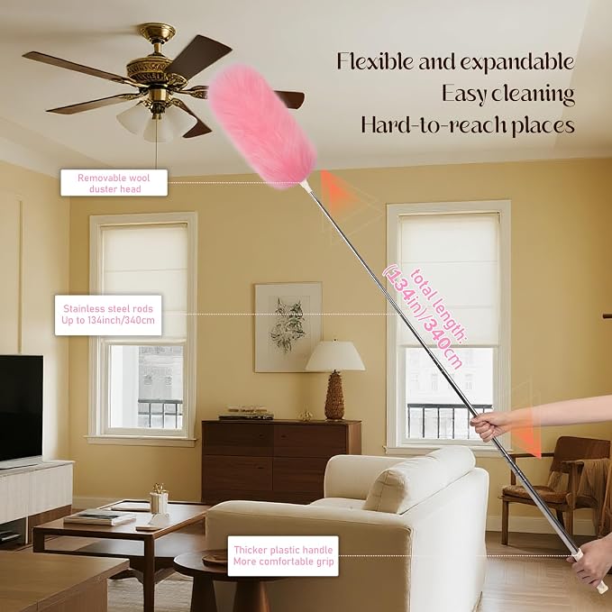 Extendable Lambswool Duster Stainless Steel Handle 133" Removable Feather Duster - Image 6