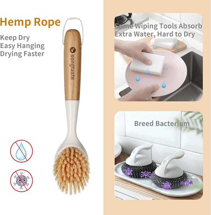2 Pack Kitchen Dish Brush Bamboo Handle Dish Scrubber Built-in Scraper - Image 2