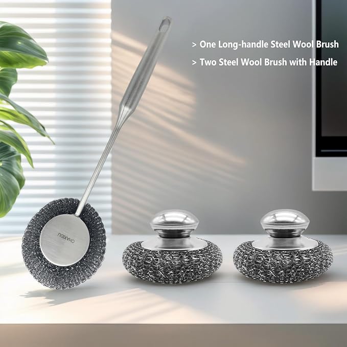 Stainless Steel Wool Scrubber Set, Long Handle & Handle Brushes, Metal Brush - Image 4