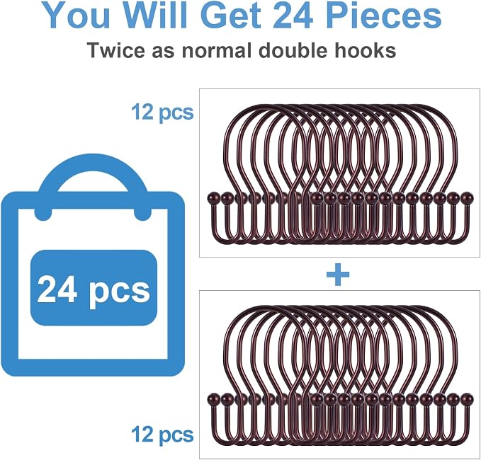 24 Pack Double Shower Curtain Hooks Rings, TENOVEL Double Sided Shower Curtain - Image 2