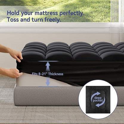 ELEMUSE Full XL Black Mattress Topper for Back Pain, Extra Thick Mattress Pad Cover, Plush Soft Pillowtop with Elastic Deep Pocket, Overfilled Down Alternative Filling