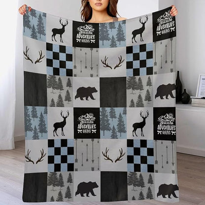 Bear Cabin Plaid Blanket, Rustic Retro Bear Deer Patchwork Gray Blue Farmhouse Throw Blanket for Couch Bed Living Room, 50"x60"