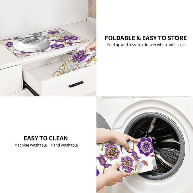 Purple Flower Kitchen Drying Mat Boho Floral Microfiber Dish Drainer Mat - Image 7
