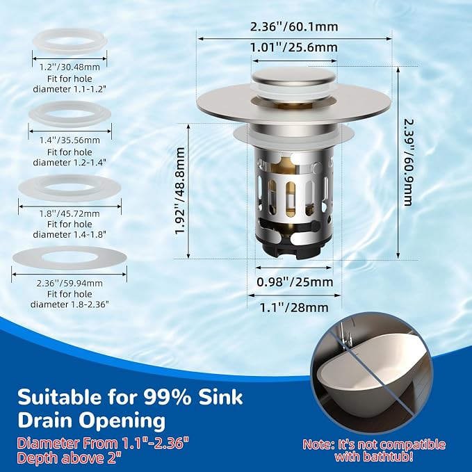 Hibbent 3 Pack 3 in 1 Bathroom Sink Drain Strainer, Universal Pop Up Stopper - Image 7