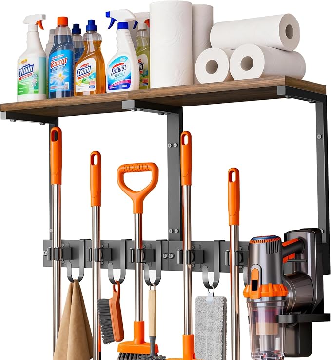 Broom Holder Wall Mount with Top Wooden Shelf, Heavy Duty Metal Cleaning by Supforce