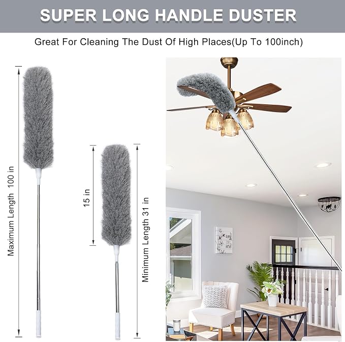 100" Extra-Long Microfiber Feather Duster, Extendable Pole Dusters, Telescoping - Image 2