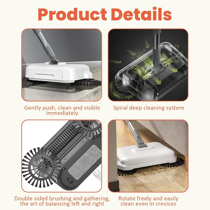 Floor Sweeper, 2-in-1 360° Rotating Hand Push Sweeper - Image 6