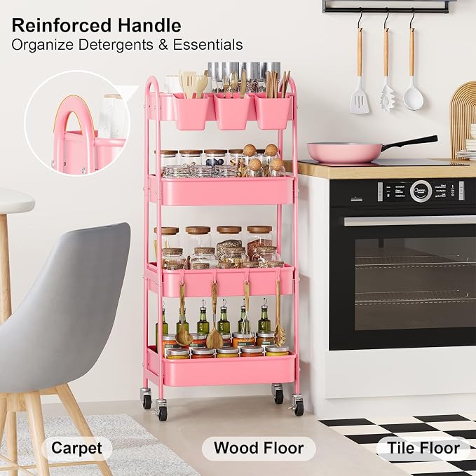 4 Tier Rolling Cart Metal with Lockable Wheels, Four Tiered Pink Trolley Cart - Image 5