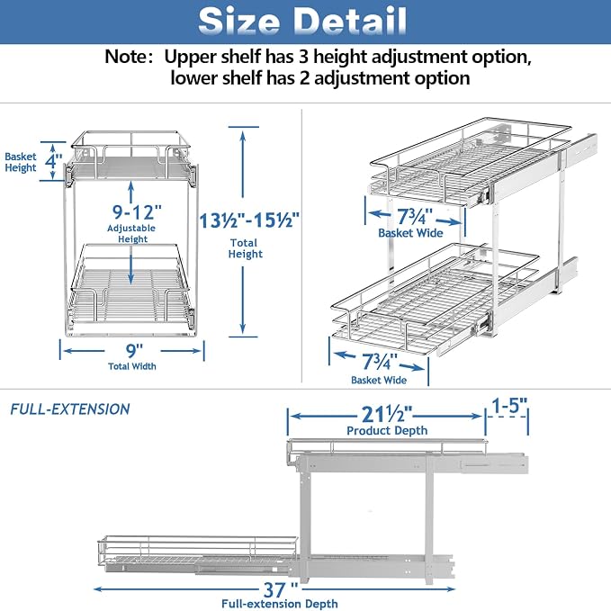 2 Tier Individual Pull Out Cabinet Organizer 9" W x 21½" D, Heavy Duty Cabinet - Image 3