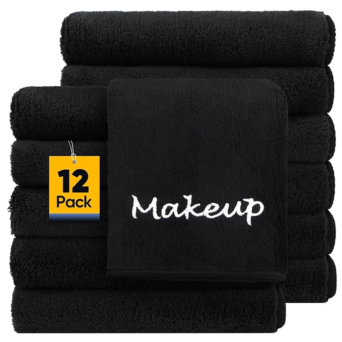 Makeup Remover Cloth, 12 Pack Black Facial Wash Cloths, Soft Coral Fleece by Unimade