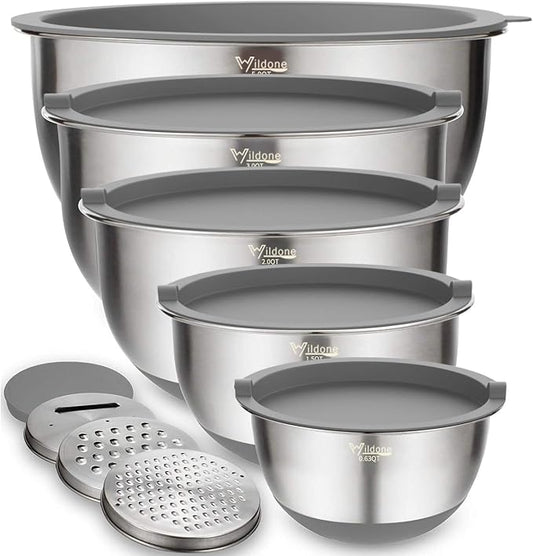 Wildone Mixing Bowls with Airtight Lids Set, with Grater Attachments & Non-Slip by Wildone