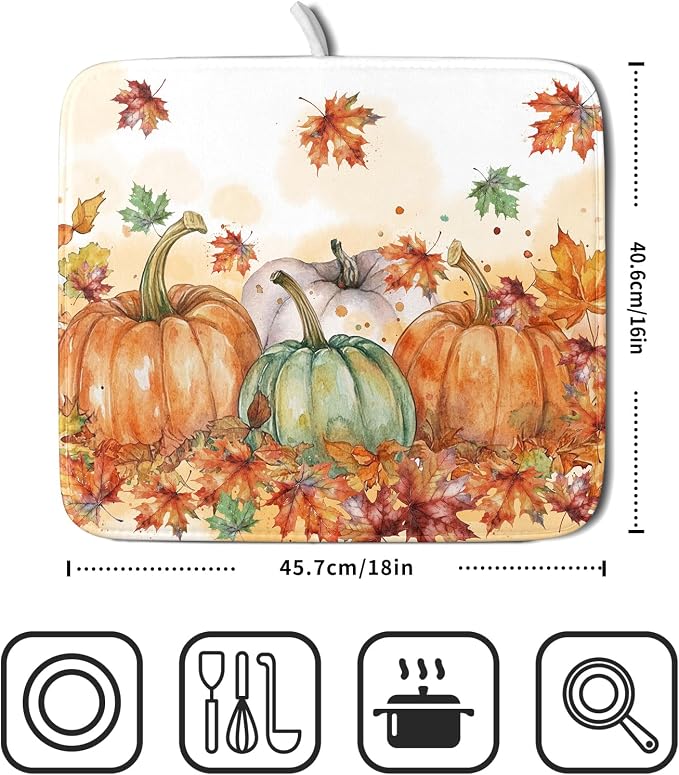 Fall Dish Drying Mat for Kitchen Counter 16×18 Inch Orange Pumpkin Drainer Pad - Image 2