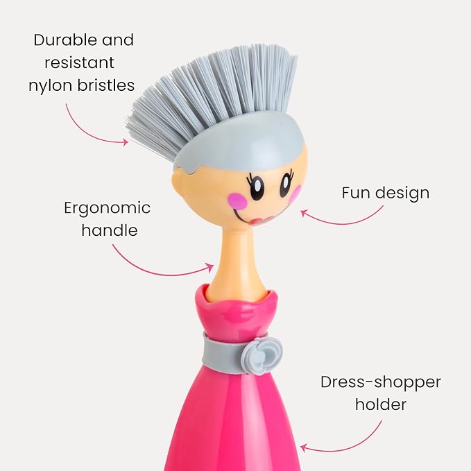 Vigar Dolls Dish Brush with Ergonomic Handle and Dress-Shaped Brush Holder - Image 3