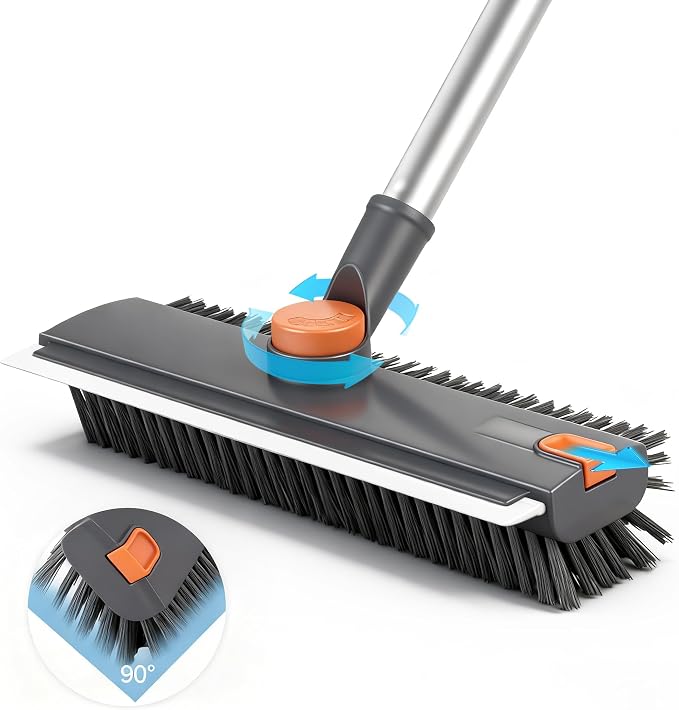 Floor Scrub V Brush with Long Handle 4 in 1 Silicone Scrape and Stiff Bristle by Hiitytin