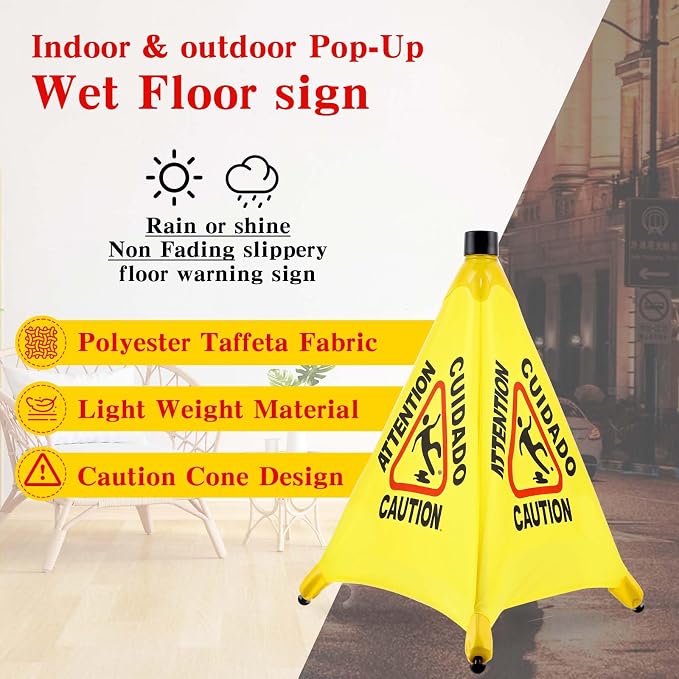 8-Packs Wet Floor Signs 20 Inch, Pop UP Bilingual Yellow Caution Wet Floor Sign - Image 2