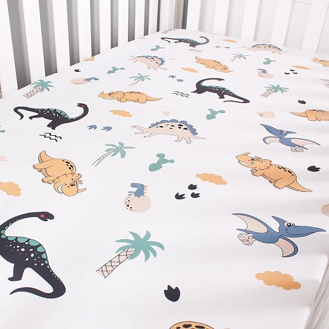 Belsden Pack of 3 Dinosaur Fitted Crib Sheet Set for Baby Boy, Universal Fits Standard Size Crib and Toddler Mattress 28" x 52", Soft Breathable and Machine Washable, Dino & Navy & Gray